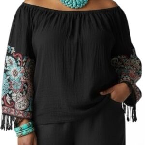 Monroe & Main Black Blouse with Patterned Sleeves